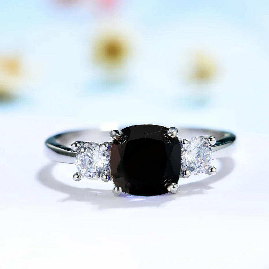 925 Sterling Silver Aquamarine Sapphire Gemstone Women's Ring GirlsBlack Spinel7