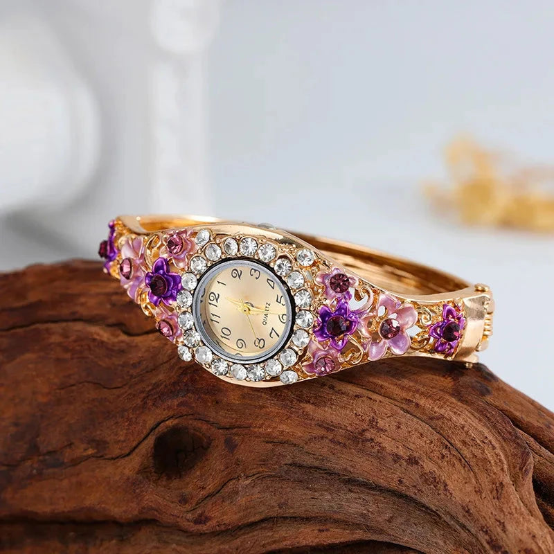 Stainless Steel Rhinestone Quartz Watch WomenGrape purple