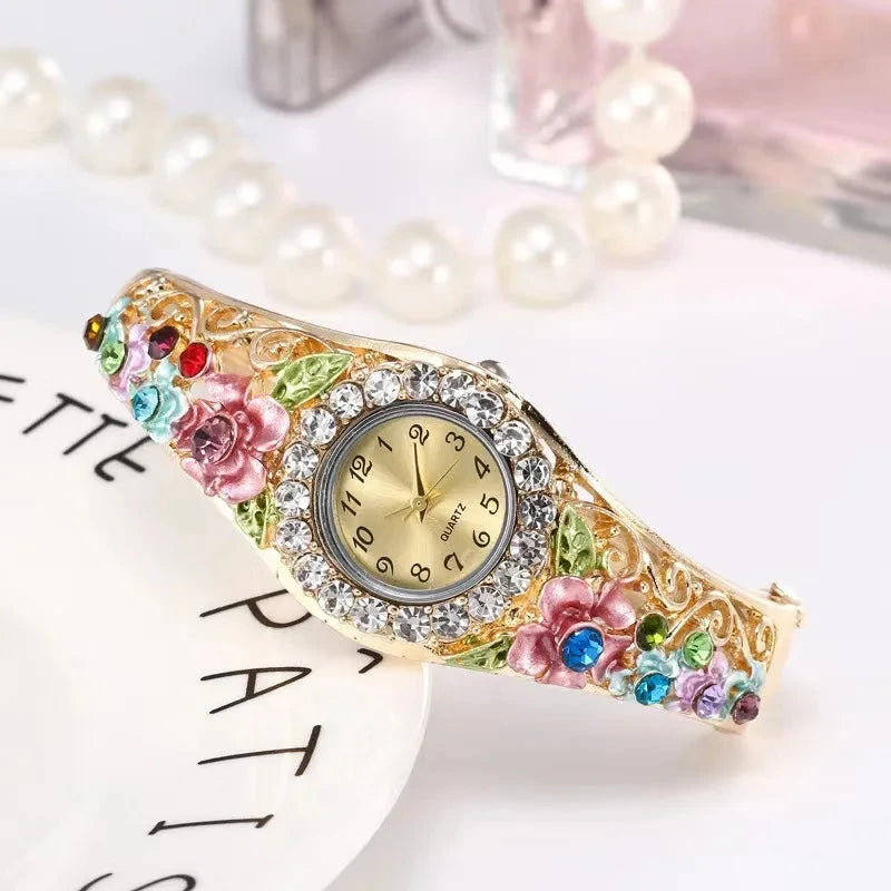 Stainless Steel Rhinestone Quartz Watch WomenColorful