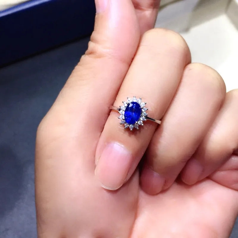 Blue Sapphire Flower Ring - 925 Sterling SilverRing
