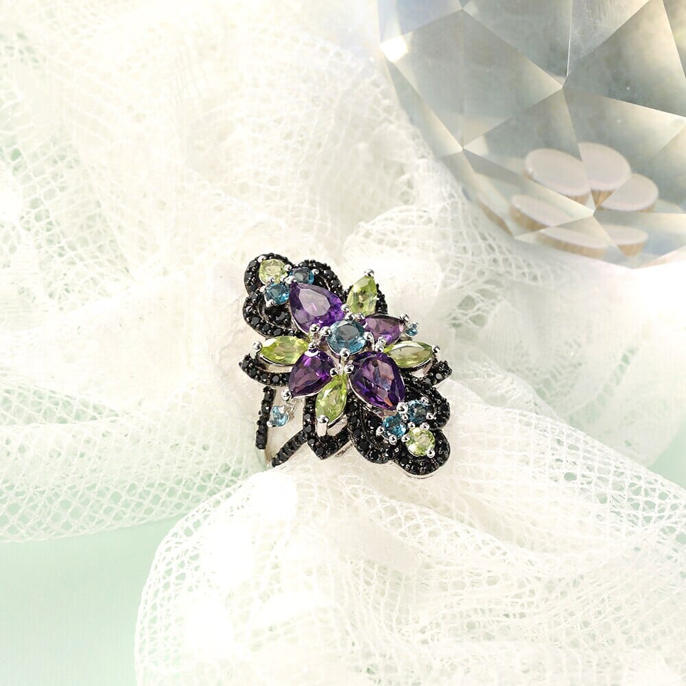 Blue Topaz, Black Spinel, Peridot & Amethyst 925 Sterling Silver RingRing