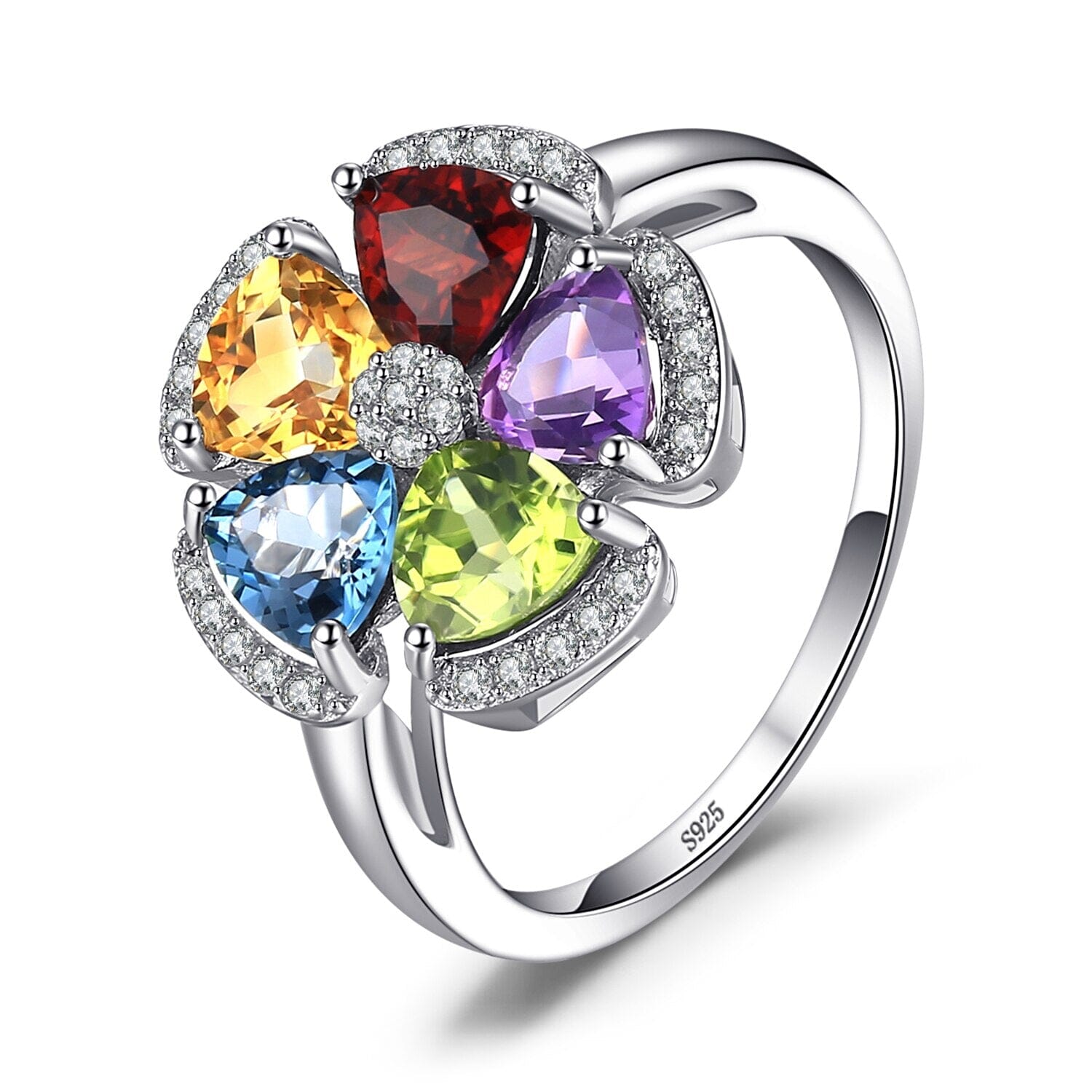 2.6ct Genuine Peridot, Blue Topaz, Amethyst, Citrine & Garnet Adjustable Cocktail 925 Sterling Silver RingRing
