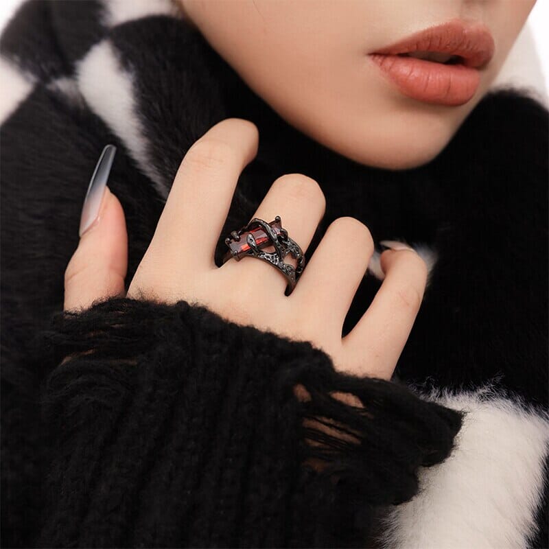 Punk Thorn Ruby Ring Black Resizable RingRing