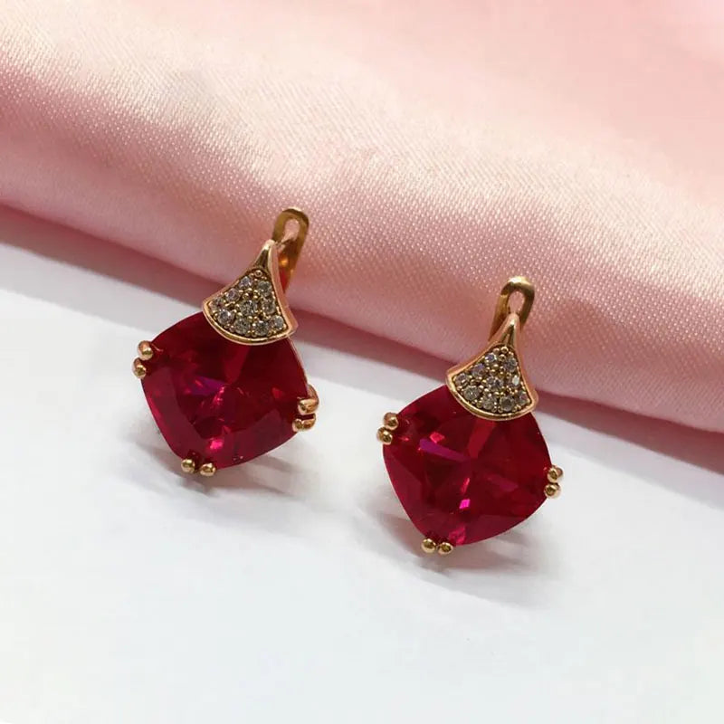 Purple Gold Geometric Square Ruby Earrings