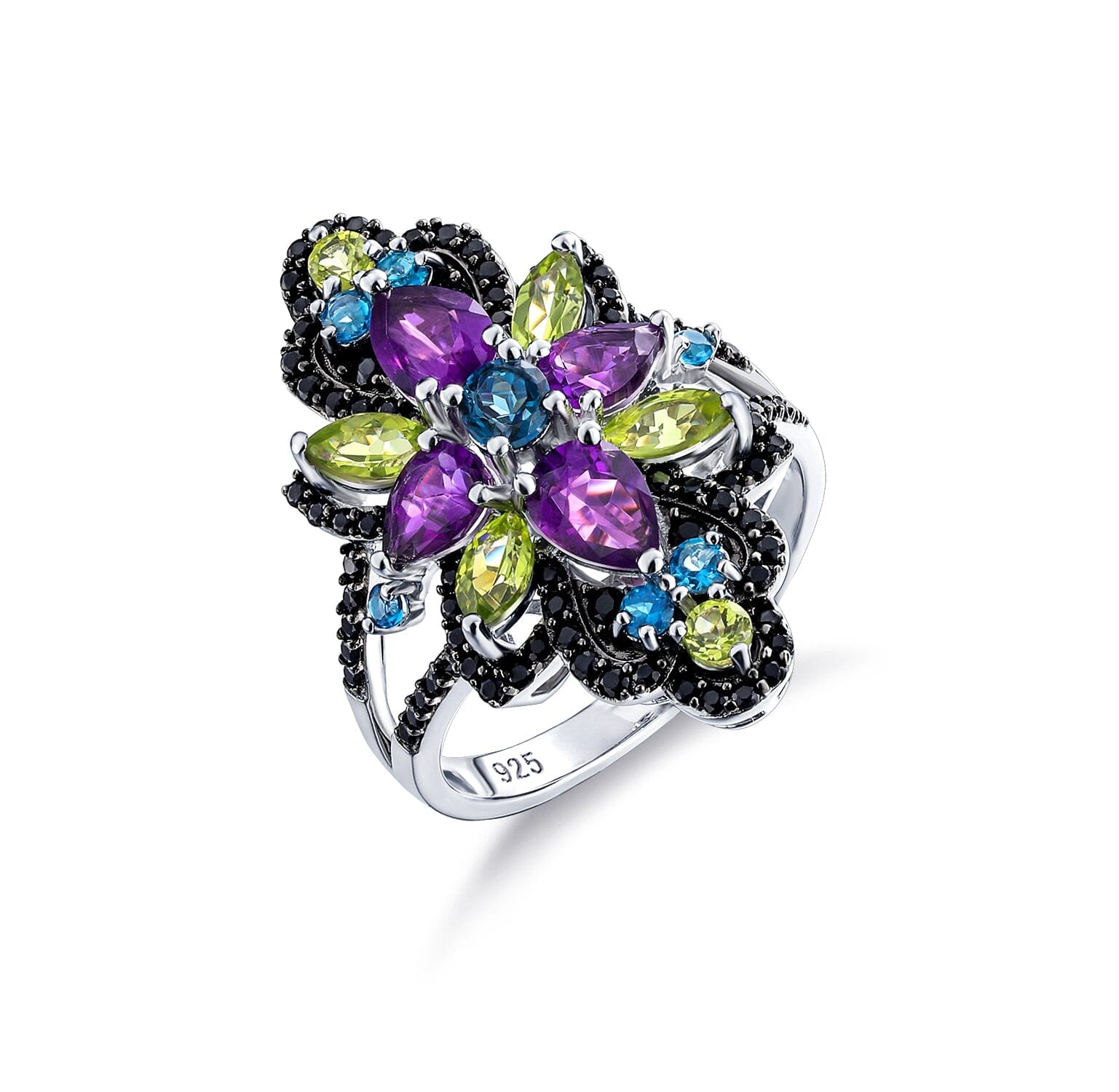 Blue Topaz, Black Spinel, Peridot & Amethyst 925 Sterling Silver RingRing