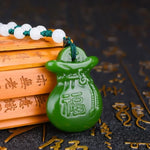 Natural Green Hand-Carved Lucky Bag Jade Pendant Fashion Boutique Jewelry Men and Women Money Bag Necklace