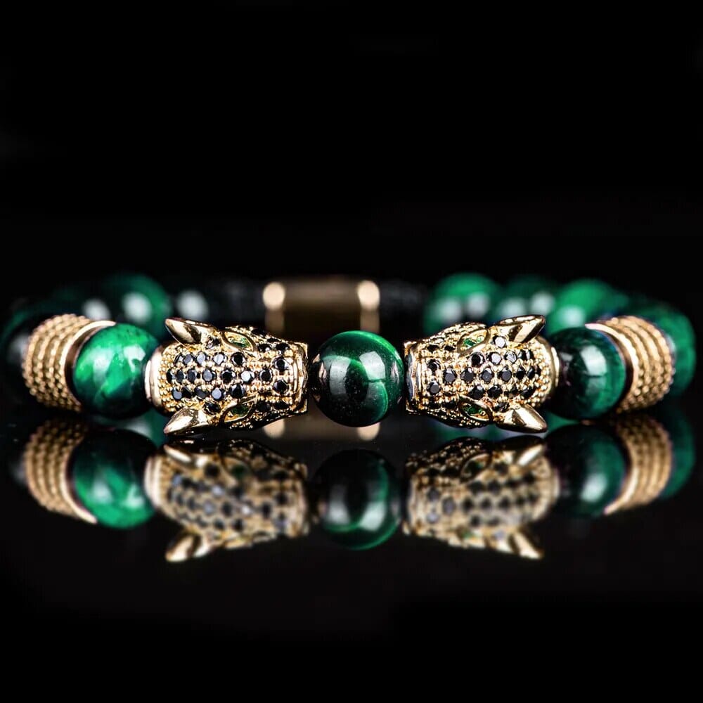 Double Leopard Head BraceletsBraceletGold green black cz