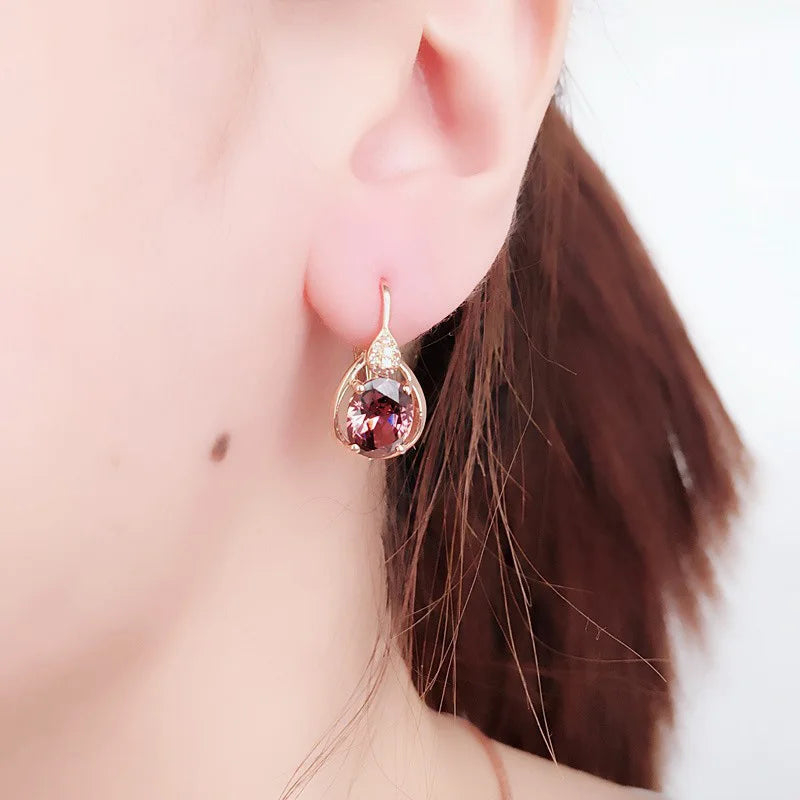 Gold Plated 14K Rose Gold Inlaid Water Drops Ruby Earrings