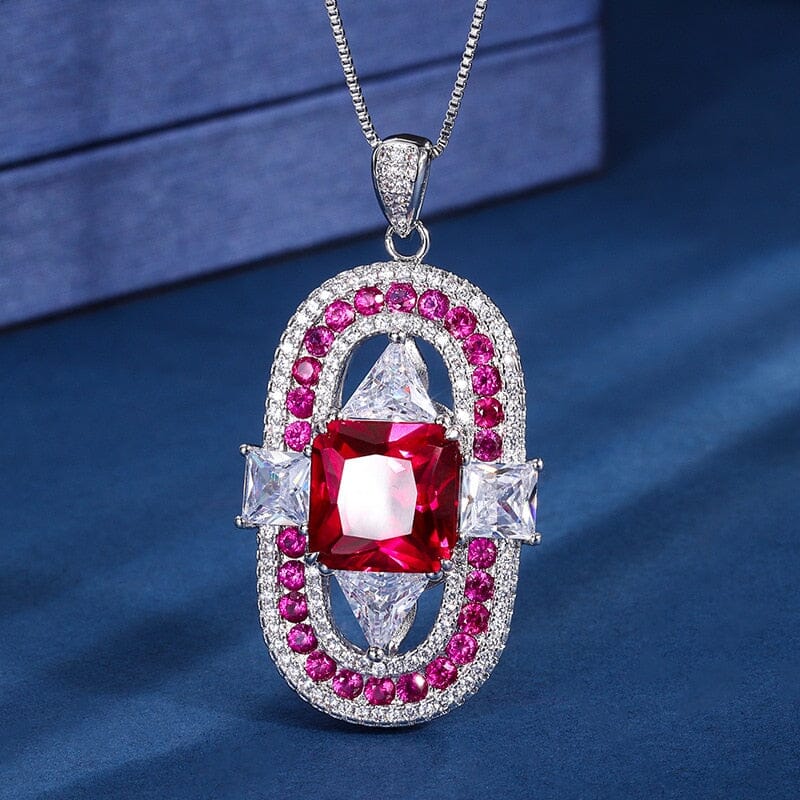 12 *12 Geometric Square Round Ruby Pendant NecklaceNecklace