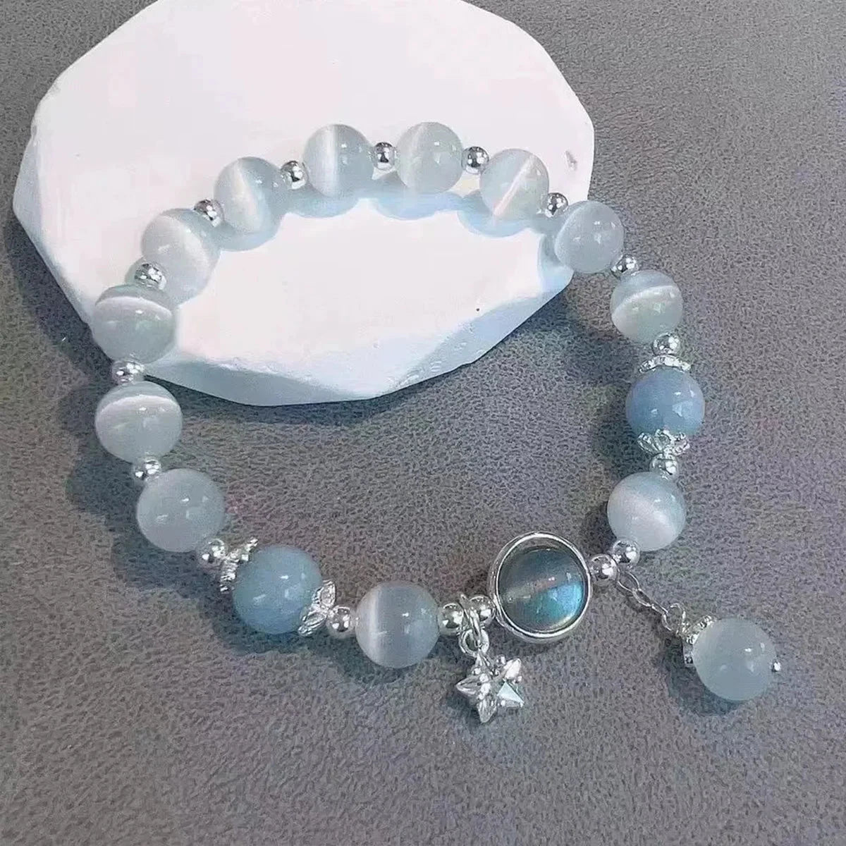 Dreamy Blue Moonstone Cat Eye Pendant Crystal Bead BraceletASL70338