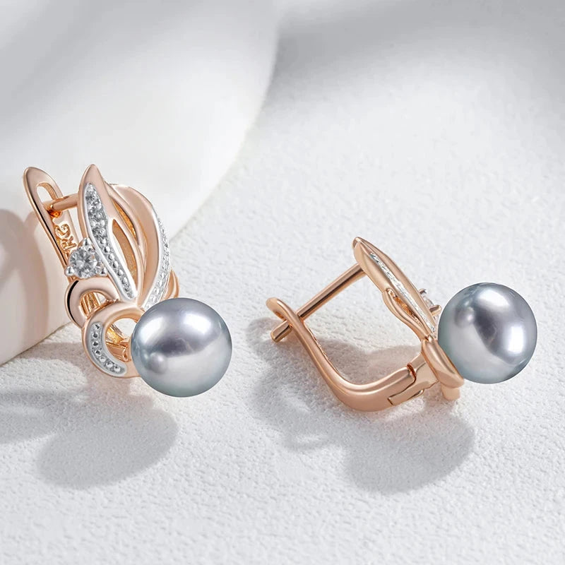 585 Rose Gold Natural Zircon Flower Gray Pearl Drop Earrings for Women