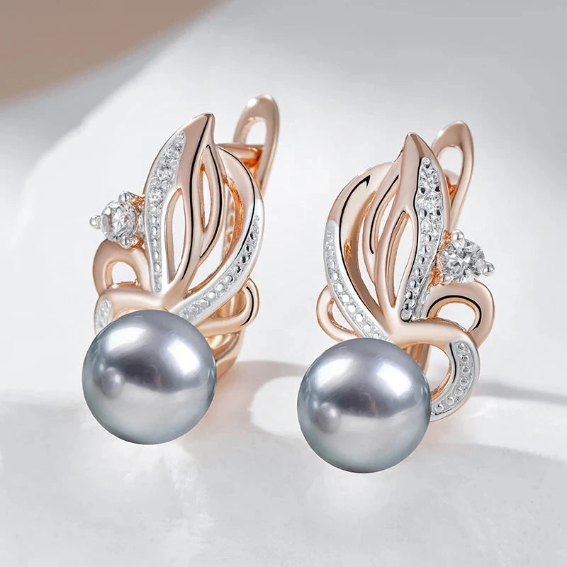 585 Rose Gold Natural Zircon Flower Gray Pearl Drop Earrings for Women
