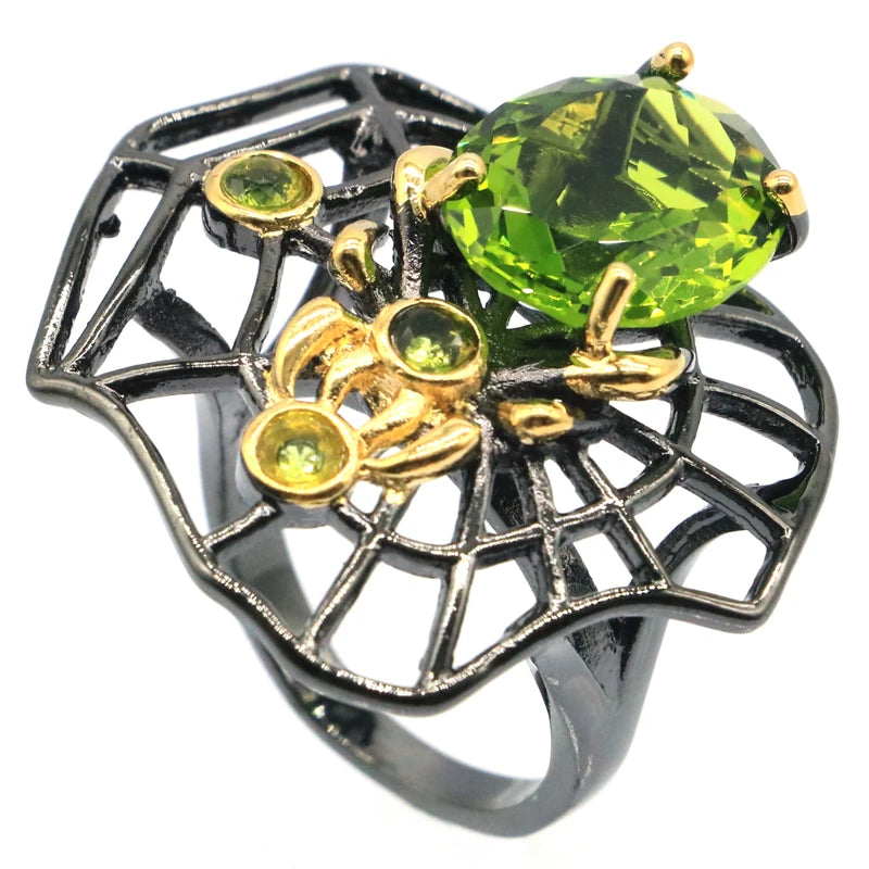 32x32mm Unique Neo-Gothic Spider 9.7g Green Peridot Ring