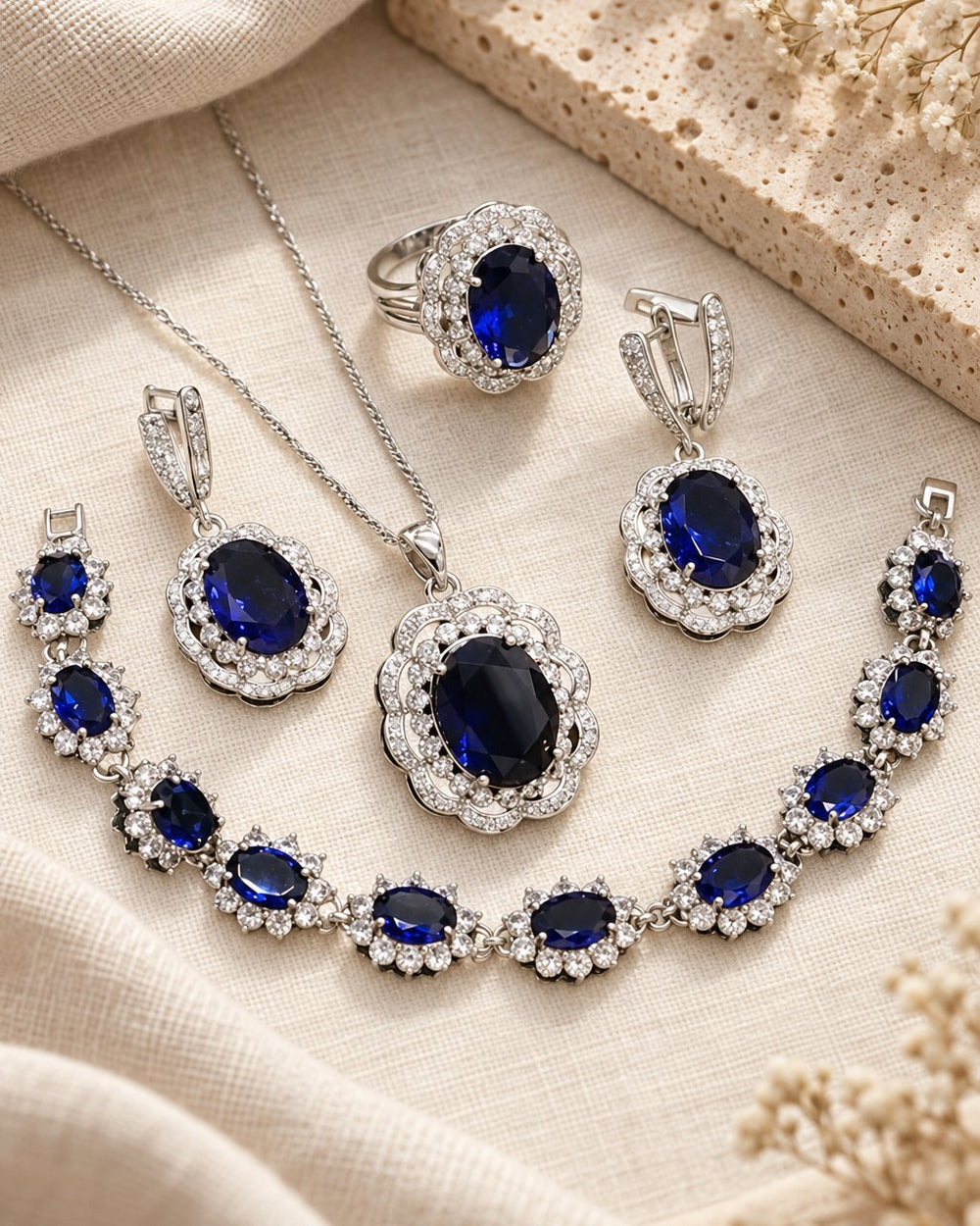 Sapphire-blue jewelry set laid out on cream linen