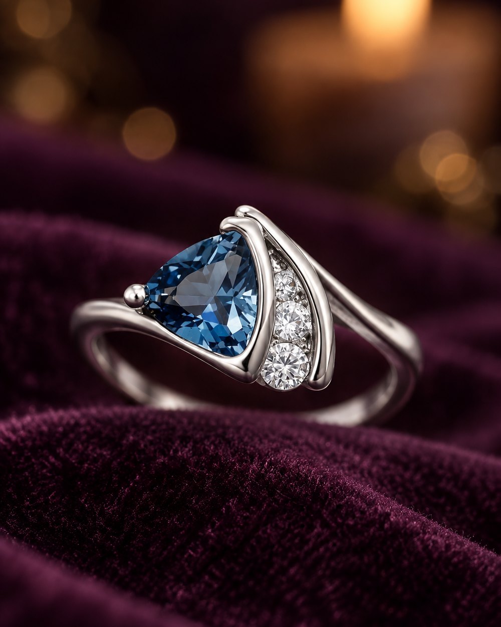 Blue trillion-cut cubic zirconia wave ring standing on velvet