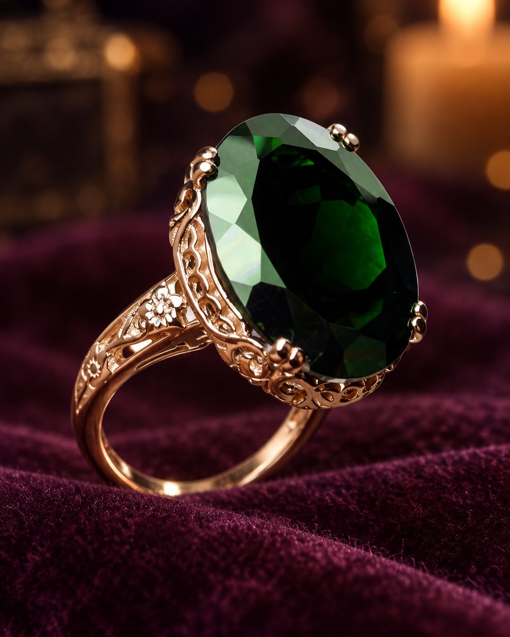 Carved filigree cocktail ring with a green oval stone on plum velvet