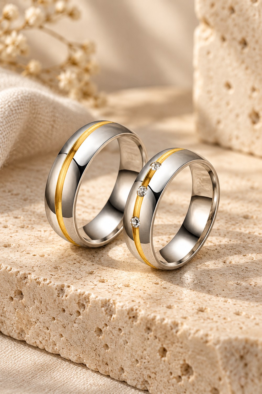 Two matching stainless steel rings with a gold-tone stripe on travertine