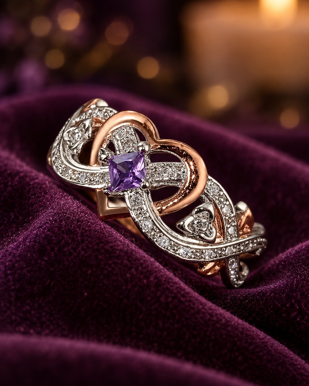 Two-Tone Heart & Rose Ring standing in a fold of velvet