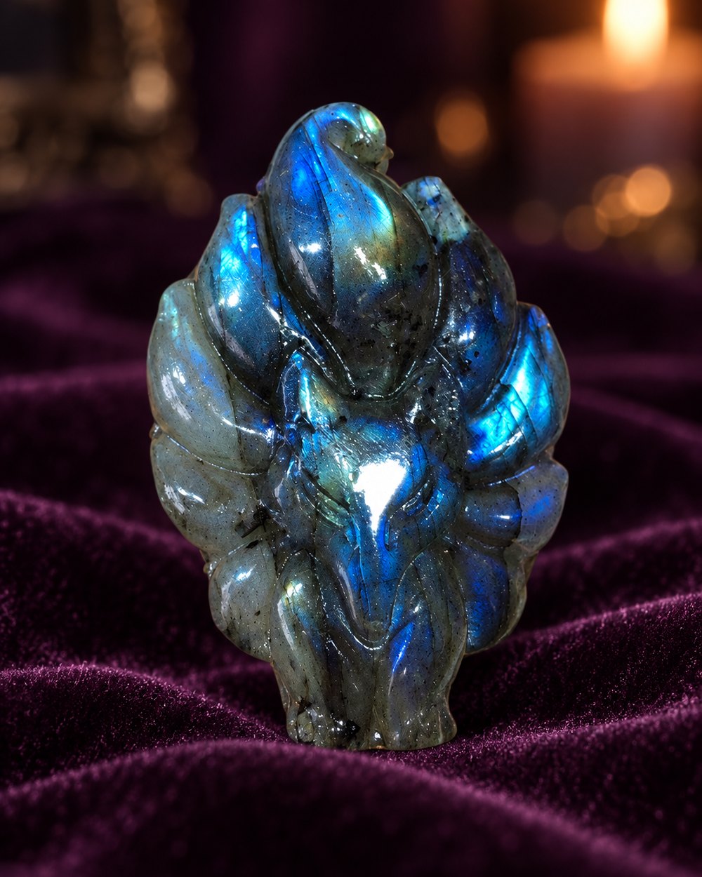 Natural labradorite fox carving flashing blue, on velvet