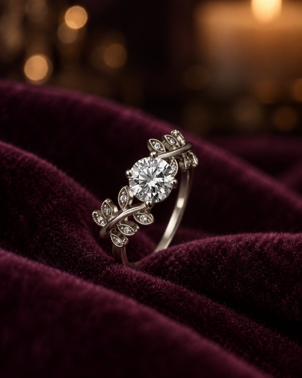 Moissanite leaf vine ring standing upright in velvet