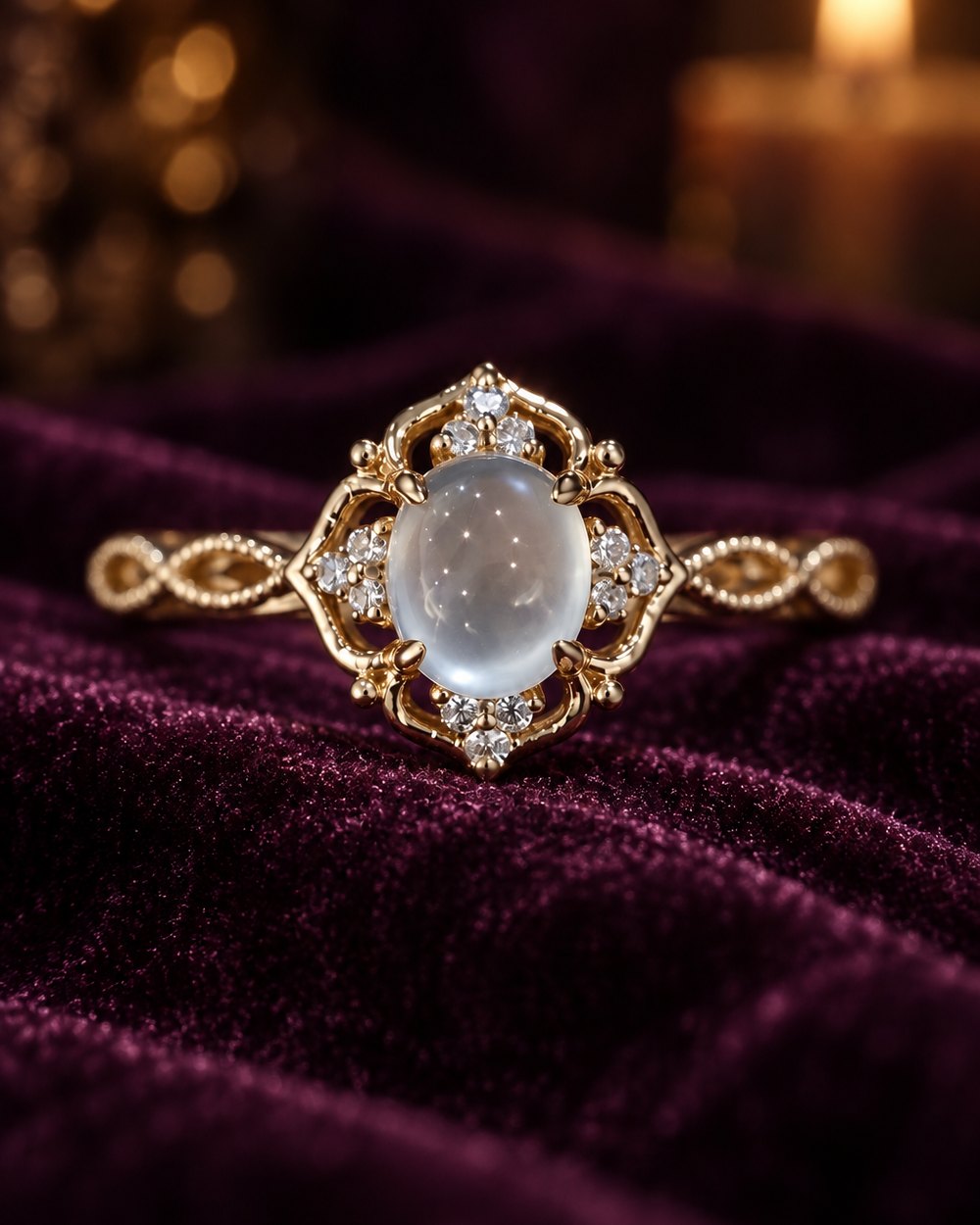 Moonstone-white filigree ring in gold-tone on plum velvet