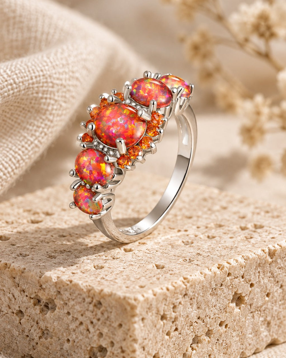 Orange Fire Opal Garnet Ring standing on a travertine block