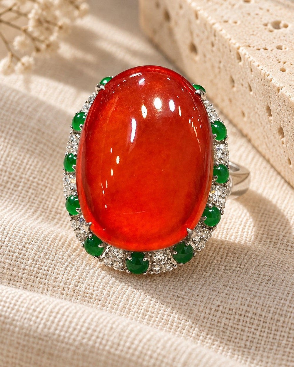 Red Chalcedony Oval Ring on cream linen