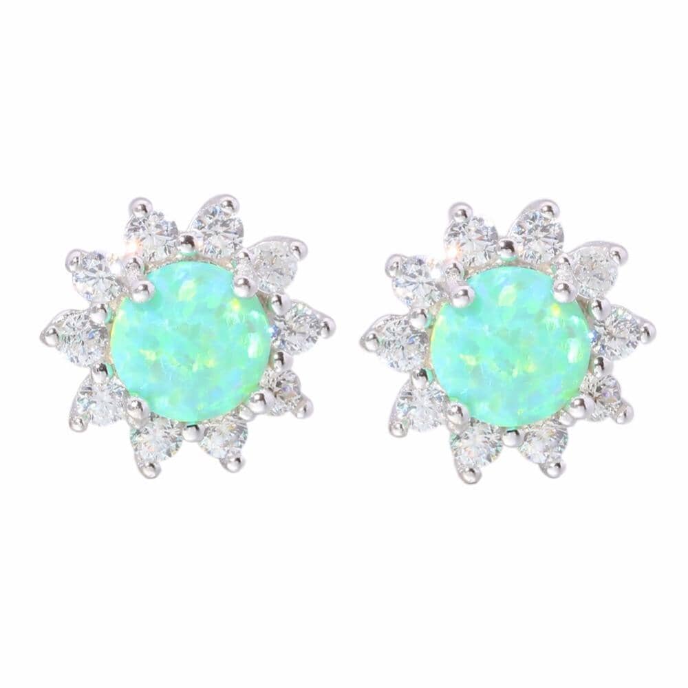 Green & White Round Fire Opal Sunflower Stud Earrings - 925 Sterling SilverEarringsGreen
