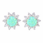 Green & White Round Fire Opal Sunflower Stud Earrings - 925 Sterling SilverEarringsGreen