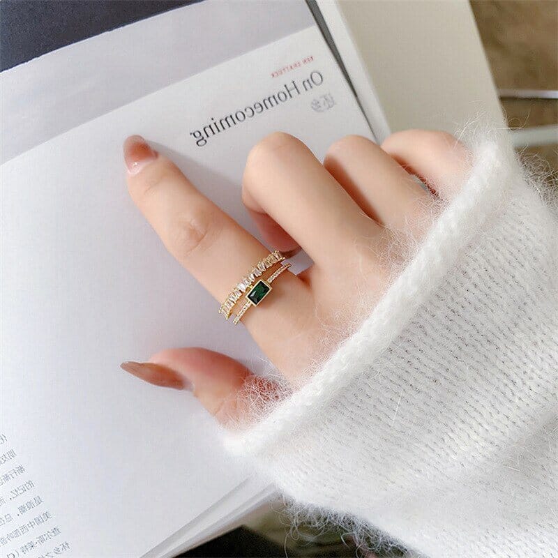 Temperament Green Square Peridot Double Layer Open RingRing