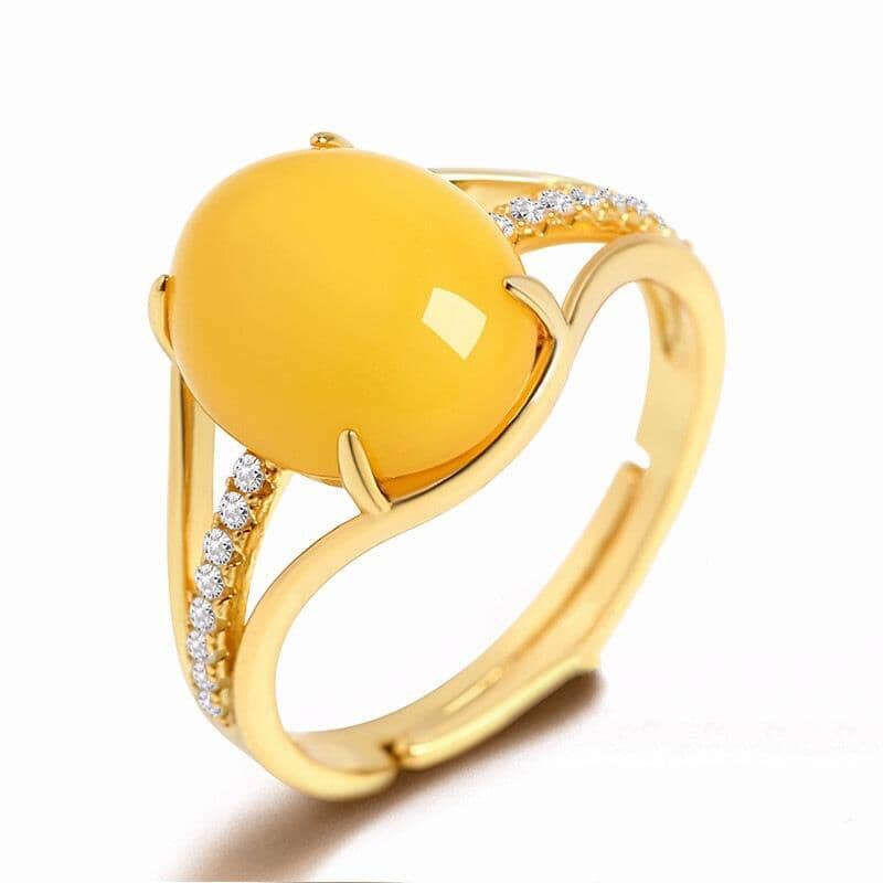 925 Sterling Silver Natural Yellow Amber Ring (Resizeable)Ring