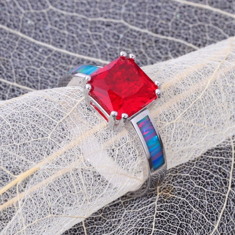 Rainbow Fire Opal and Red Garnet Silver RingRing