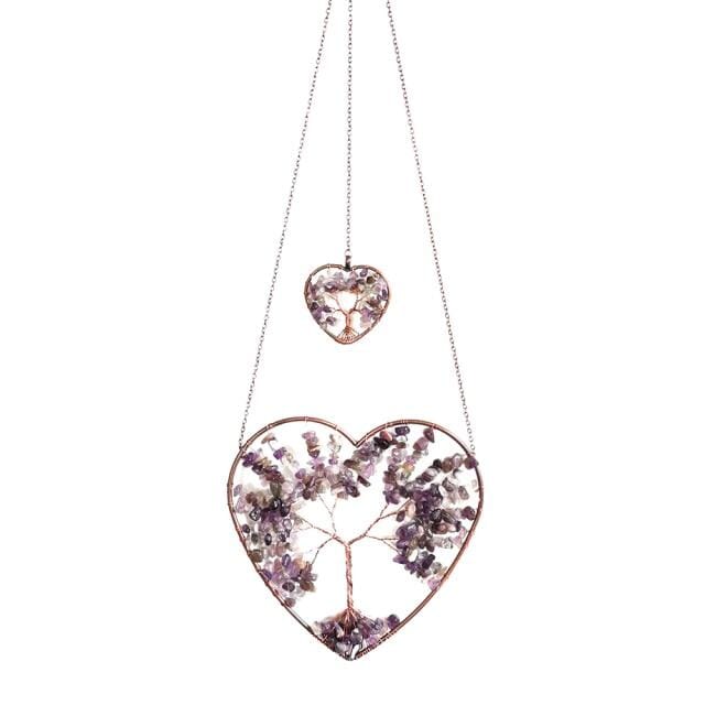 Natural Gemstone Tree of Life Feng Shui Heart Hanging OrnamentHome DecorAmethyst