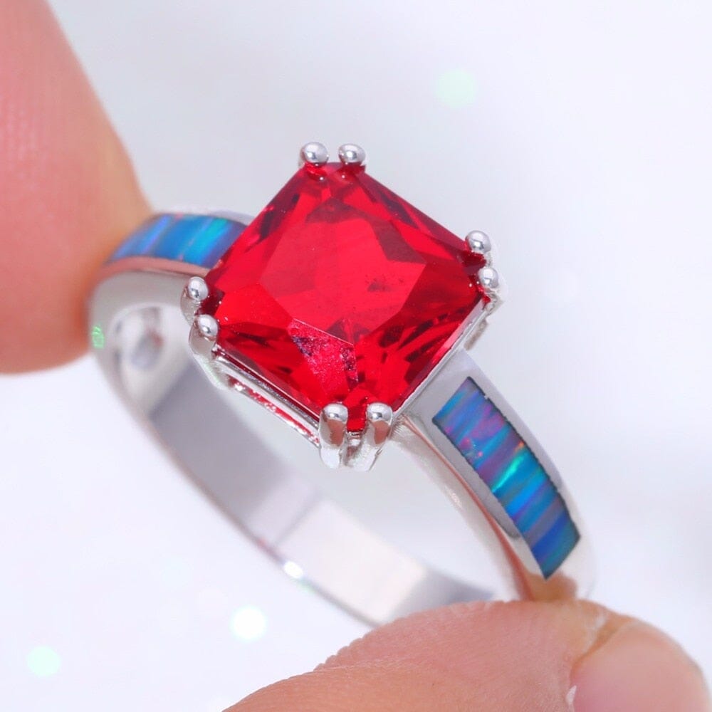 Rainbow Fire Opal and Red Garnet Silver RingRing