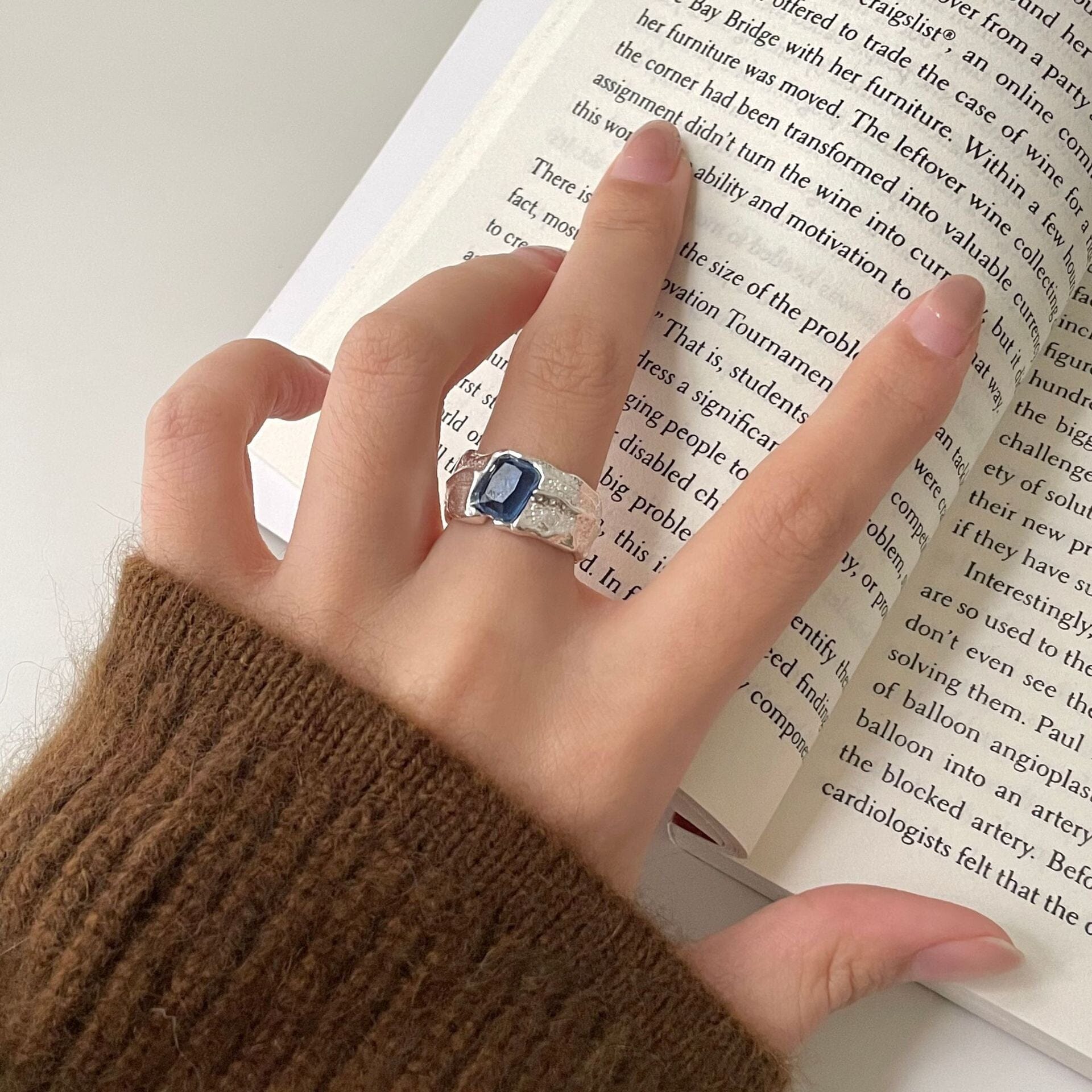 Authentic Square Blue Sapphire Irregular Ring - S925 Sterling SilverRing