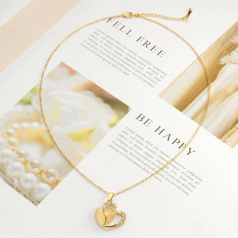 Natural Yellow Opal Love Heart Necklace Earring Jewelry SetJewelry Set