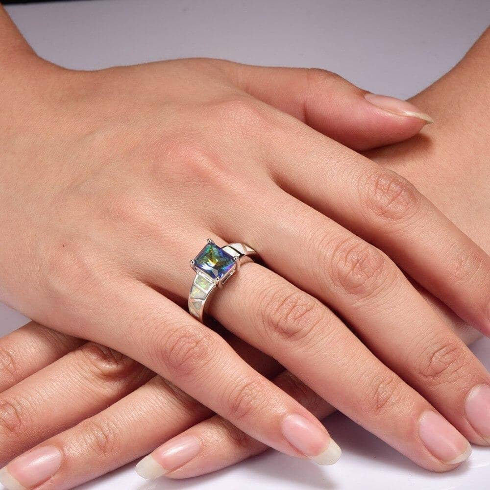 Rainbow Topaz With White Fire Opal Sterling Silver Square RingRing