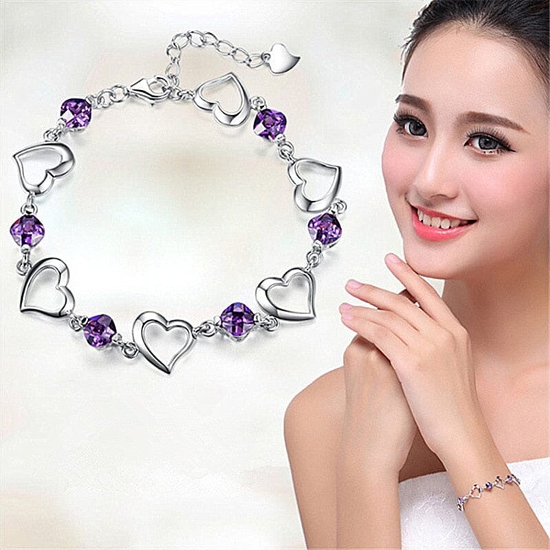 Amethyst Crystal Heart Bracelet - 925 Sterling SilverBracelet