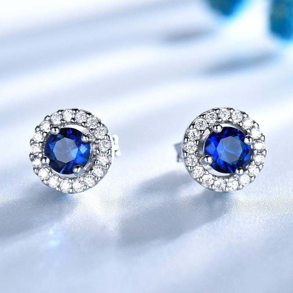 Nano Blue Sapphire Pendant Stud Earrings Jewelry Set - 925 Sterling SilverEarrings