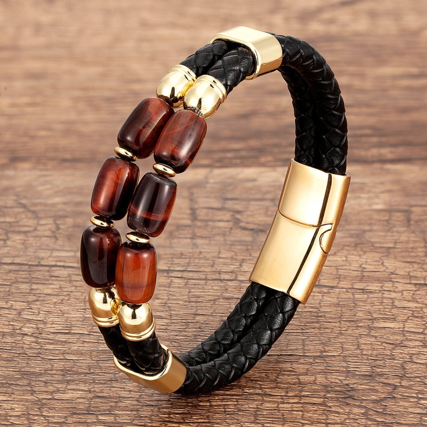 High Quality Natural Tiger Eye Braided Leather Rope BraceletBraceletRed Tiger Eye19cm