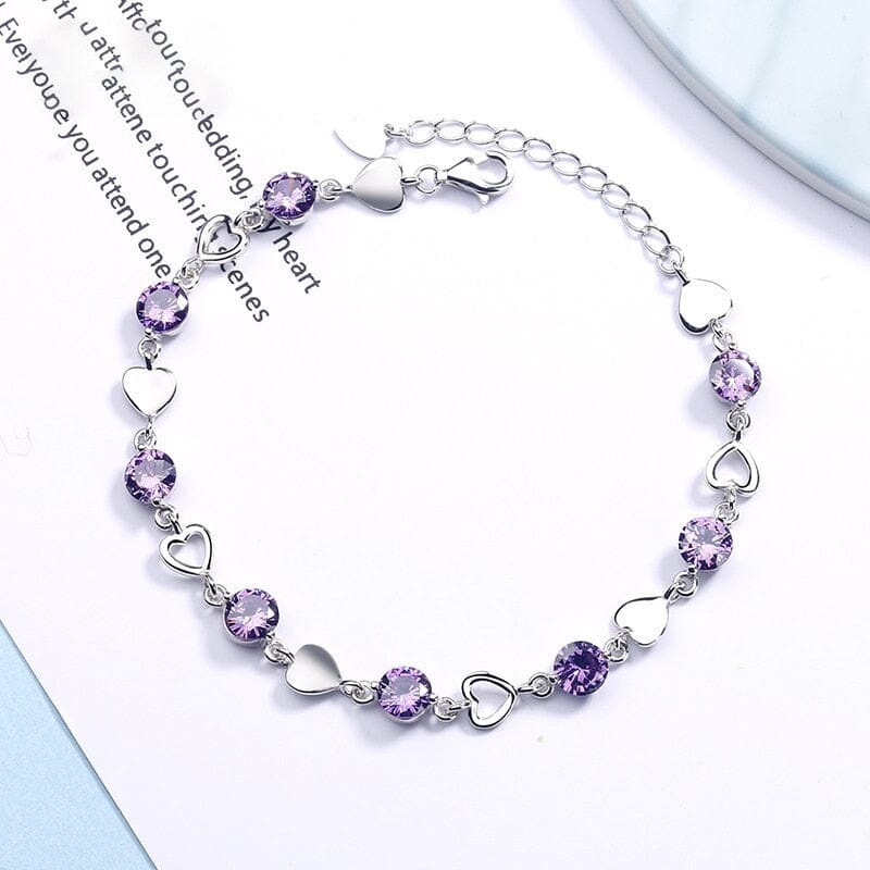 Love Heart Amethyst Chain Linked Bracelet - 925 Sterling SilverBracelet