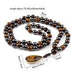 8mm Tiger Eye Stone Necklace Drop Pendant Handmade Knotted Irregular Hematite Beaded NecklaceNecklace