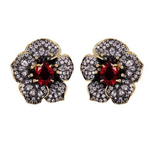 Exquisitely Inlaid Colored Ruby Rose Flower Earrings - 925 Sterling SilverEarrings
