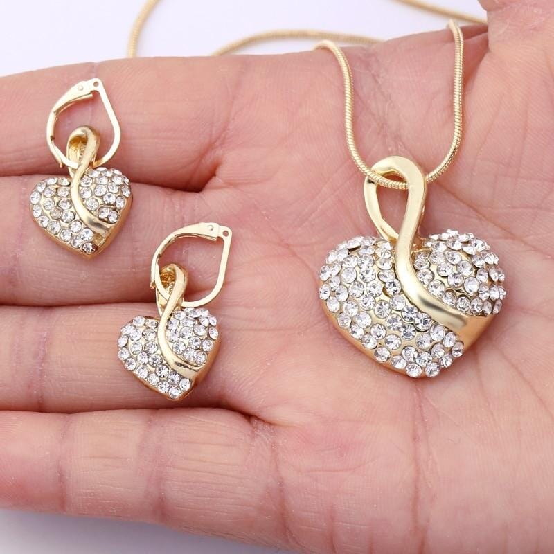 18K Gold Filled Shine Austrian Crystal Heart Necklace & Earrings SetJewelry Set