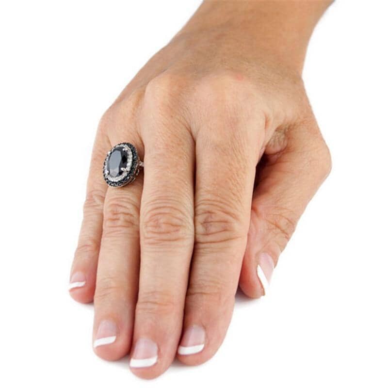 Black Onyx White Topaz Oval Ring - 925 Sterling SilverRing