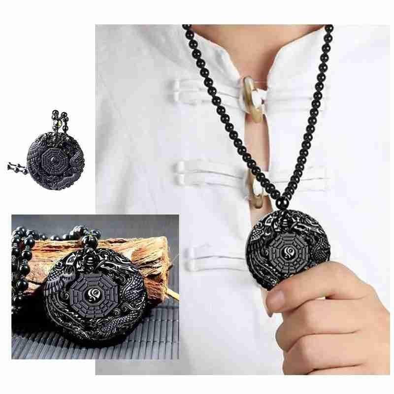 Natural Black Obsidian Hand Carved Chinese Dragon Phoenix BaGua Lucky AmuletNecklace