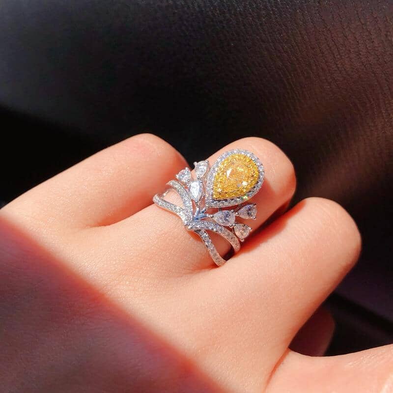 Elegant Citrine Zircon Crown Ring - 925 Sterling SilverRing
