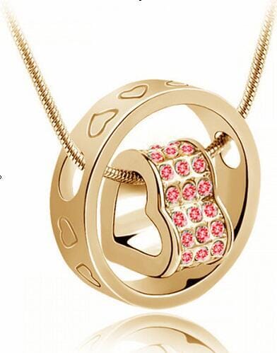 Rhinestone Love Heart Pendant NecklaceNecklaceGold Dark Pink
