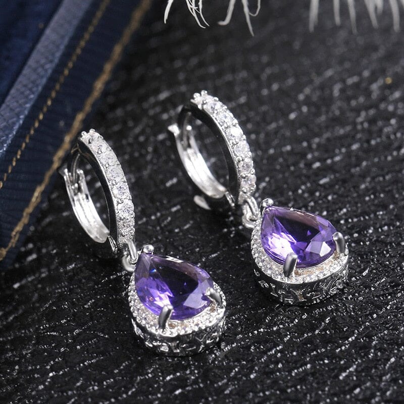 Water Drop Shaped Amethyst Earrings - 925 Sterling SilverEarrings