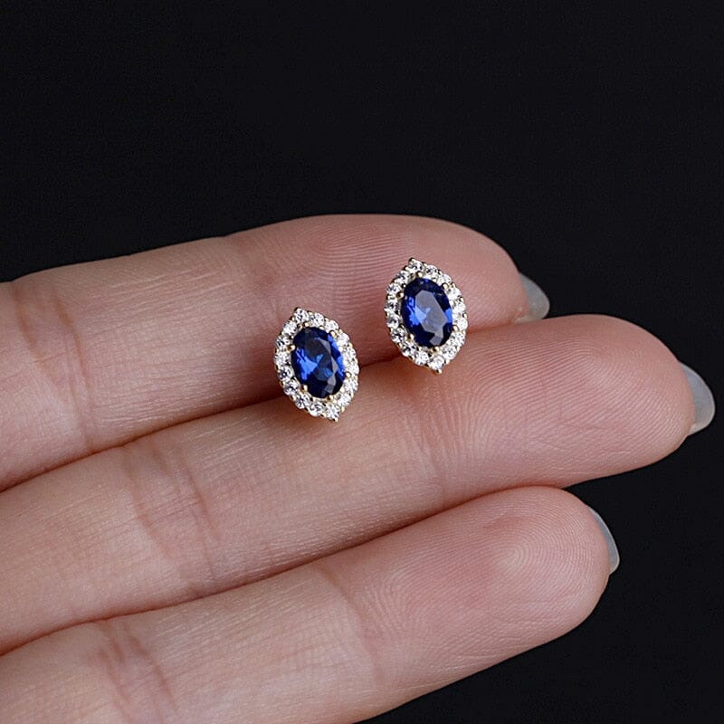 Halo Princess Sapphire Stud Earrings - 925 Sterling SilverEarrings